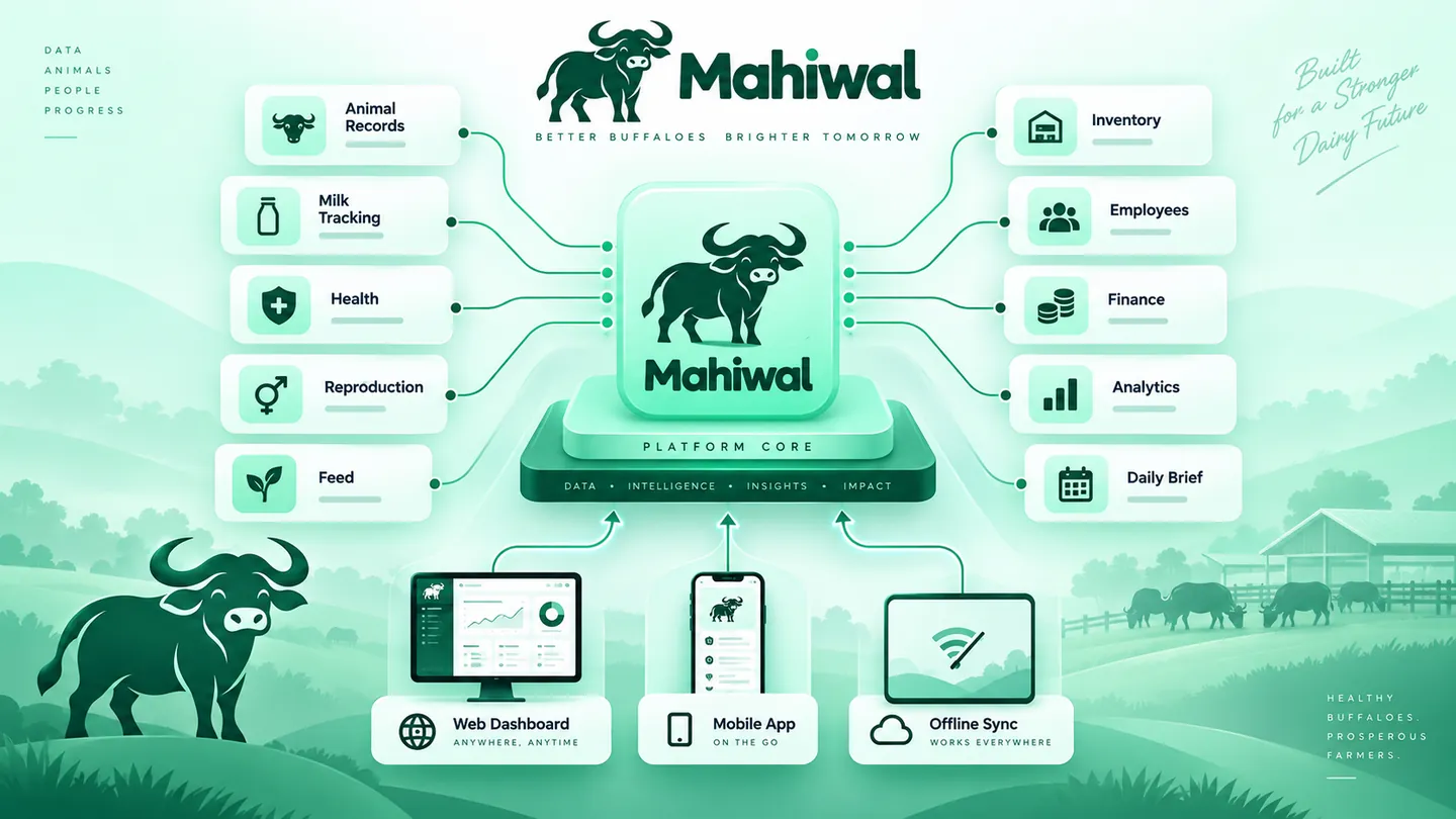 Mahiwal platform ecosystem connecting animal records, milk tracking, health, reproduction, feed, inventory, employees, finance, analytics, daily brief, web dashboard, mobile app and offline sync