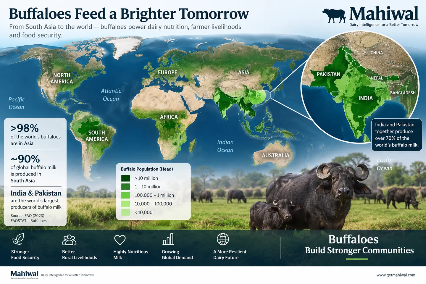 World map highlighting the concentration and importance of water buffalo across Asia, with particular focus on India, Pakistan and South Asia